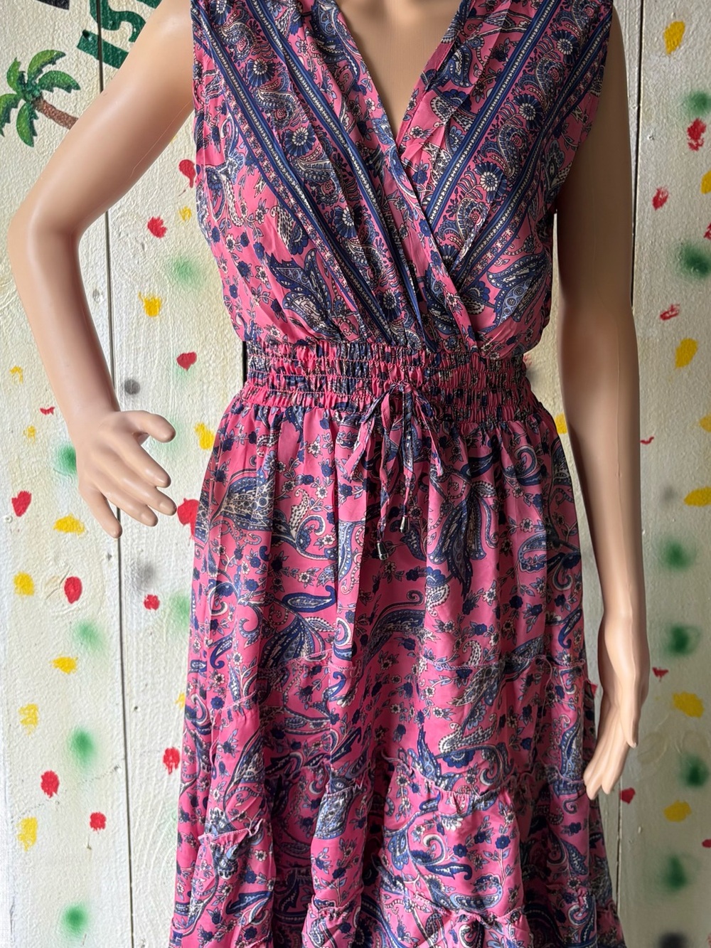 Sleeveless Pink Paisley V-Neck Smocked Waist Dress